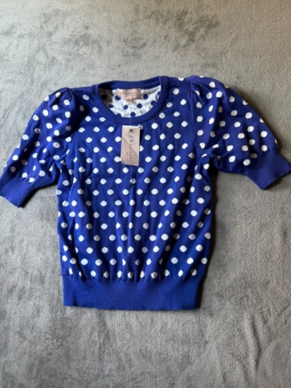 Anthropologie Philosophy Short Sleeve Blue Polka Dot Sweater